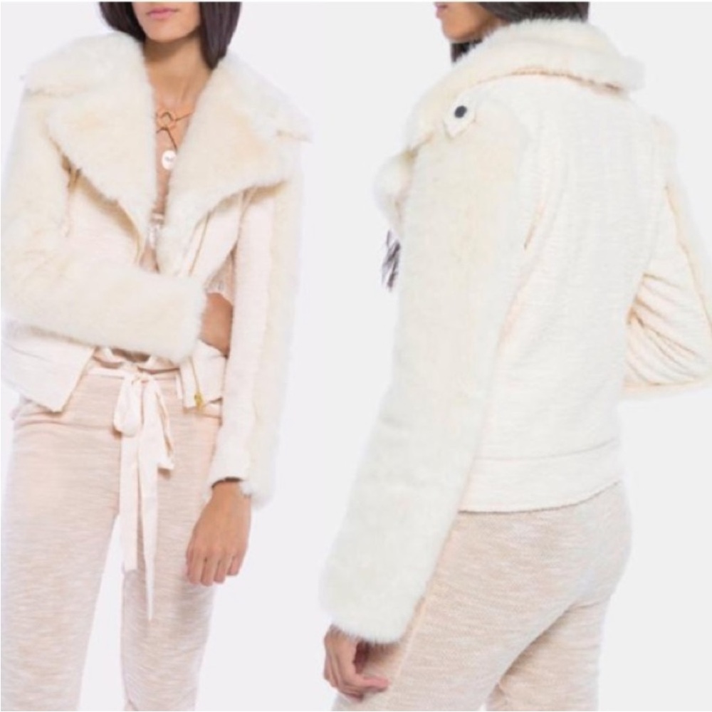 For Love & Lemons Knitz Ivory Andi Tweed Boucle Fur Moto Jacket